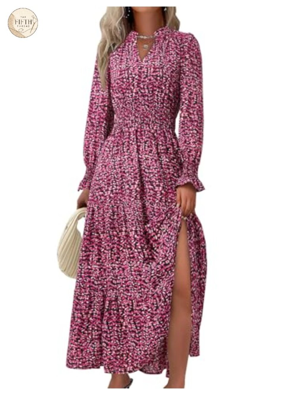Floral Maxi Dress Long Sleeve V Neck A-Line Ruffle Hem Wedding Guest